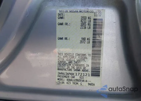 2013 Nissan Altima 2.5 Sv from USA, damaged, VIN 1N4AL3APXDC172121